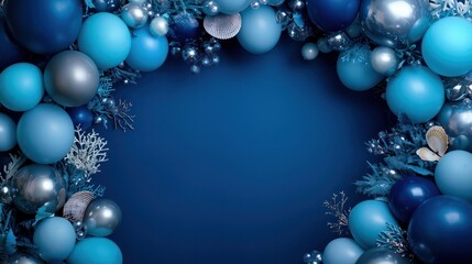 Aufkleber - A stunning dark blue, light blue, and silver-themed party balloon arrangement featuring various festive decorations like coral, seashells, and shimmering elements, perfect for celebrations or ocean-in