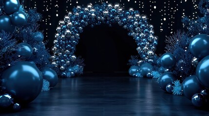 Sticker - A blue archway with silver balloons and a blue background. Scene is festive and celebratory