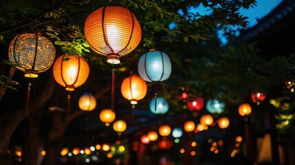 Poster - A bunch of colorful lanterns hanging from a tree. The lanterns are lit up and create a warm and inviting atmosphere