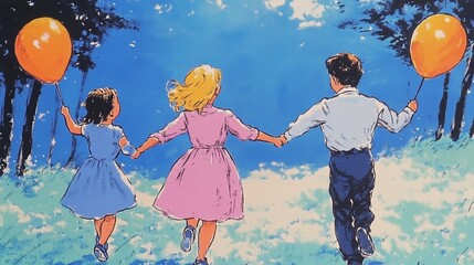 Wall Mural - A graphic illustration of three children walking hand in hand outdoors.