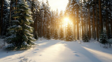 Leinwandbilder - A snowy forest with a sun shining through the trees. The sun is casting a warm glow on the snow and the trees. The scene is peaceful and serene, with the snow-covered ground