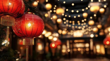 Poster - A red lantern is hanging from a tree. The lantern is lit up and is surrounded by other lanterns. The scene is set in a dark room with a lot of light coming from the lanterns