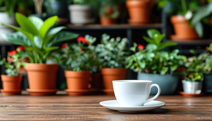 Charming white mug on a table accompanied by lush potted plants in a cozy setting