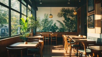 Wall Mural - Cozy Tropical Cafe with Lush Greenery and Wooden Furnishings