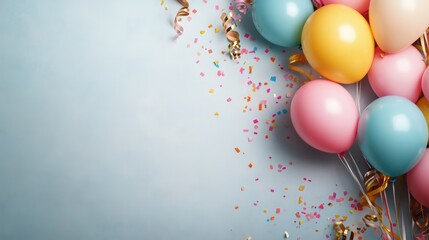 Poster - A bunch of colorful balloons with confetti on the ground. The balloons are in various colors, including pink, blue, and yellow. The confetti adds a festive and celebratory atmosphere to the scene