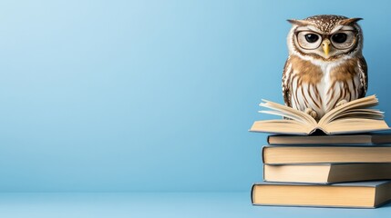 Aufkleber - A book stack with a brown owl sitting on top of it. The owl is looking at the camera with an open book in front of it. Concept of curiosity and intelligence, as the owl is reading