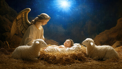 Baby Jesus lying in a manger with an angel and two lambs in a peaceful nativity scene.