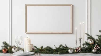 Poster - A white wall with a framed picture and candles on a table. The candles are lit and the picture is empty. Scene is warm and cozy, with the candles adding a sense of comfort and relaxation
