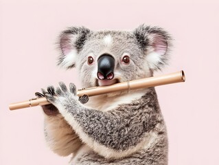 adorable koala playing flute on light pink background