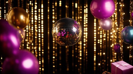 Aufkleber - A disco ball is suspended in the air above a room full of pink and gold balloons. The scene is set in a party or celebration, with the disco ball and balloons creating a festive atmosphere