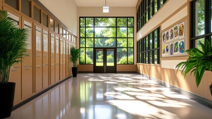 Poster - A hallway with a few lockers and a few potted plants. The potted plants are placed in the hallway and the lockers are placed along the wall. The hallway is empty