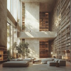 Sticker - Modern library interior with large windows, concrete walls, and  floor to ceiling bookshelves.