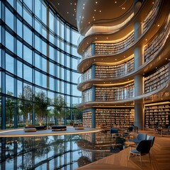 Wall Mural - Modern library interior with large windows, curved shelves, and a reflecting pool.