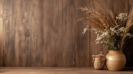 Aufkleber - A wooden wall with a vase of flowers on it. The vase is filled with white flowers and is placed on a table. The flowers are arranged in a way that they are not too close to the wall