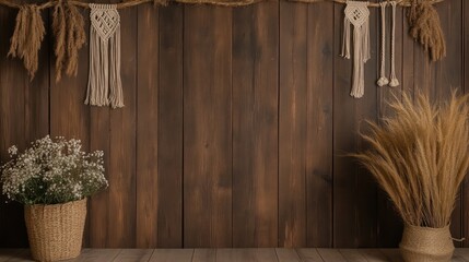 Aufkleber - A wooden wall with a basket of flowers and a bunch of strings hanging from it. Scene is warm and inviting