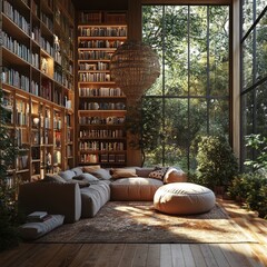 Sticker - Modern library interior with large windows, wooden floors, comfortable seating, and a large bookshelf.