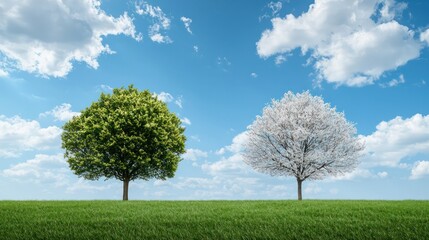 Aufkleber - Two trees, one green and one white, stand in a grassy field. The sky is blue with some clouds