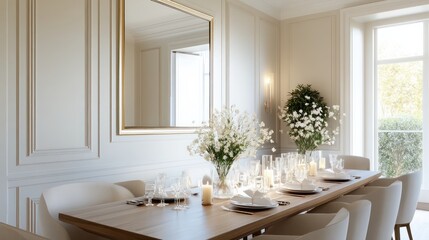 Poster - A large dining table with white chairs and a mirror above it. The table is set with a vase of flowers and a candle, creating a warm and inviting atmosphere. The room is well-lit and has a classic