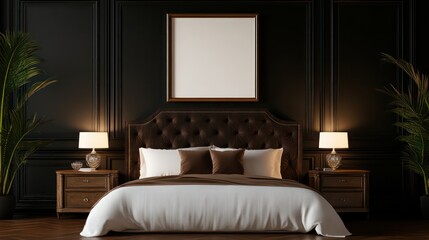 Poster - A large bed with a white comforter and brown pillows sits in a room with a black wall and a white framed picture. The room is dimly lit, creating a cozy and intimate atmosphere
