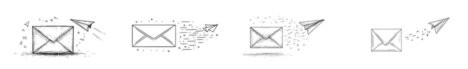 Wall Mural - Drawing of a flying paper plane and mail. Sending an email message and newsletter in a simple linear style. Concept of business metaphor. Modern illustration.