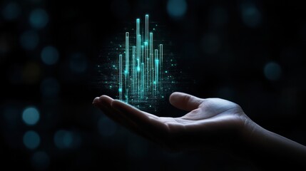 Poster - A hand holding a glowing object with a blue background. Concept of wonder and fascination with technology and its potential