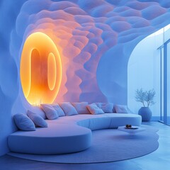 Sticker - Modern living room interior with curved sofa and warm lighting.