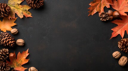 Aufkleber - Autumn-themed flat lay featuring colorful fall leaves, nuts, and pine cones arranged as a corner border on a dark textured background, perfect for seasonal and holiday designs.