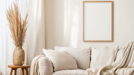 Poster - A living room with a white couch and a wooden coffee table. A vase with dried flowers sits on the table. The room has a cozy and inviting atmosphere