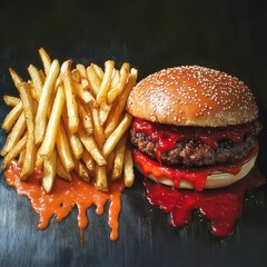 Freshly cooked hamburger lying near french fries covered in ketchup and sauce