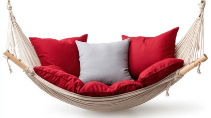 Poster - A white hammock with a red pillow and a gray pillow hanging from it. The hammock is suspended in the air and the pillows are hanging from it