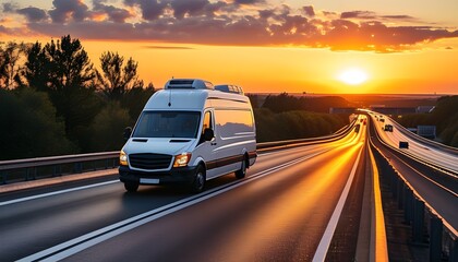 Wall Mural - White delivery van cruising along the highway with a stunning sunset backdrop