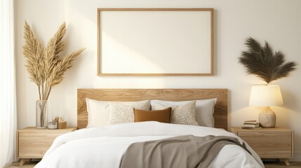 Poster - A bedroom with a white bed, a wooden nightstand, and a lamp. The bed is covered with a white comforter and a gray blanket. There are two vases on the nightstand, one of which is empty