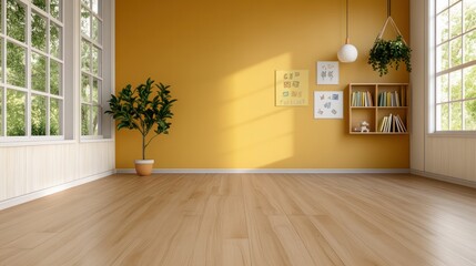 Poster - A room with a yellow wall and a potted plant. The room is empty and has a lot of natural light coming in from the windows