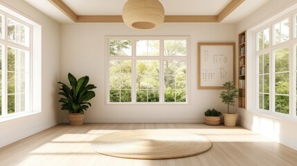 Aufkleber - A large room with a white ceiling and white walls. A large window is open to the outside. A potted plant is on the floor in front of the window