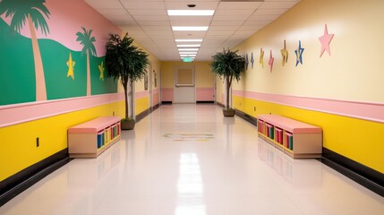 Poster - A hallway with a yellow wall and a green wall. There are two trees in the hallway