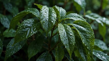 Poster - Green foliage with dew-covered leaves.