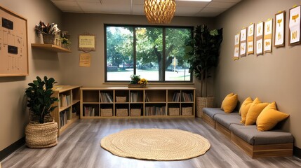 Poster - A room with a rug on the floor and a window. The room is empty and has a lot of bookshelves