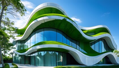 Wall Mural - Innovative architecture featuring green living walls and wavy design under a clear blue sky