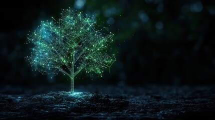 Poster - A tree with a glowing green trunk is shown in a dark background. Concept of mystery and wonder, as the glowing tree seems to be a product of technology rather than nature