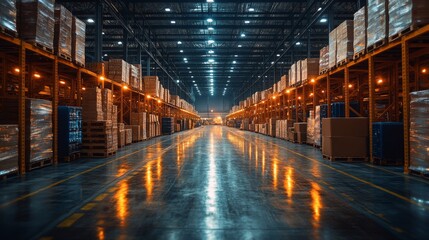 Poster - Automated RPA systems optimizing warehouse operations at night with illuminated aisles