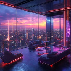 Canvas Print - Modern living room with panoramic city view and vibrant sunset.