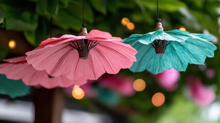 Aufkleber - Two pink and blue paper umbrellas hanging from a tree. The pink one is on the left and the blue one is on the right