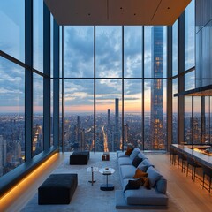 Poster - Modern living room with panoramic city views at sunset.