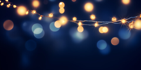 Wall Mural - holiday illumination and decoration. christmas garland bokeh lights over dark blue background. blurr