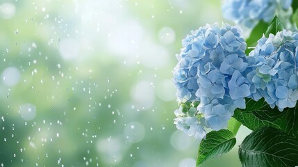 Aufkleber - A close up of a blue flower with a green background. The flower is surrounded by raindrops, giving it a sense of freshness and vitality