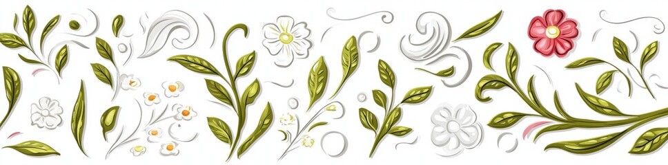 Wall Mural - An elegant collection of flowers with roses, leaves, floral bouquets, and flower compositions.