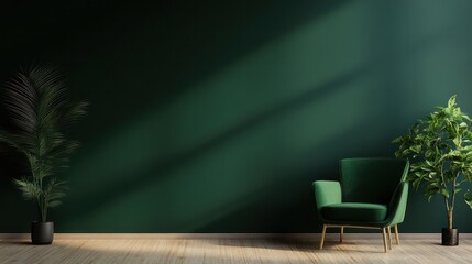 Poster - A room with a green wall and a green chair. The chair is placed in front of a plant, which is also green. The room has a modern and minimalist design, with a focus on natural elements like the plant