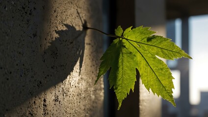 Wall Mural - Green leaf illuminated by sunlight with an urban backdrop.