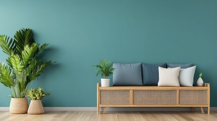 Aufkleber - A blue wall with a couch and two potted plants. The couch is made of wood and has pillows on it. The plants are placed on the floor and the wall. The room has a modern and minimalist design