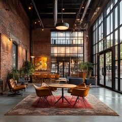 Sticker - Modern lounge area with exposed brick walls, large windows, and a rug.